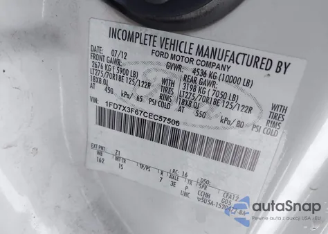 2012 Ford F-350 Chassis Xl z USA, uszkodzony, nr VIN 1FD7X3F67CEC57506